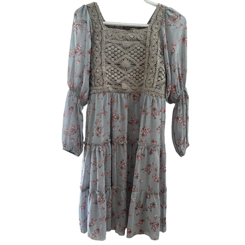 PINKO Reformation Floral Dress Bodice Crochet Front and Smocked Juliet Sleeve